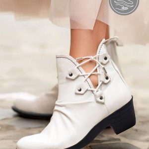 White Leather Vintage Western Cross Lace Up Cowboy Block Heel Boots, Boots, color:White|size:43, JustFashionNow
