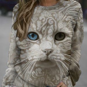 Casual Cat Printed Crew Neck Basic Sweatshirt, color:As Picture|size:3XL, Lilicloth.com