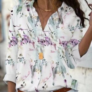Floral Printing Boho Shirt Collar Floral Blouse, Shirts & Blouses, color:White|size:3XL, JustFashionNow