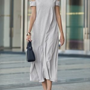 Cold Shoulder Casual Loose Crew Neck Plain Dress With No, Maxi Dresses, color:Light Gray|size:XXL, Stylewe