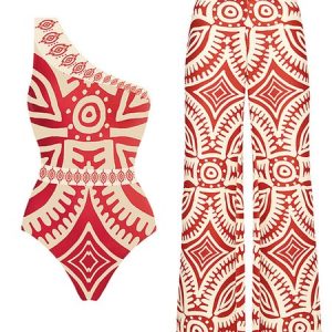 Vacation Abstract Printing One Shoulder One Piece With Cover Up, Swimsuit with Coverups, color:Red|size:S, Stylewe