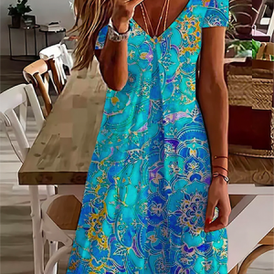 V Neck Casual Short Sleeve Printed Dress, Short, color:Blue|size:XXL, catalog Noracora shop