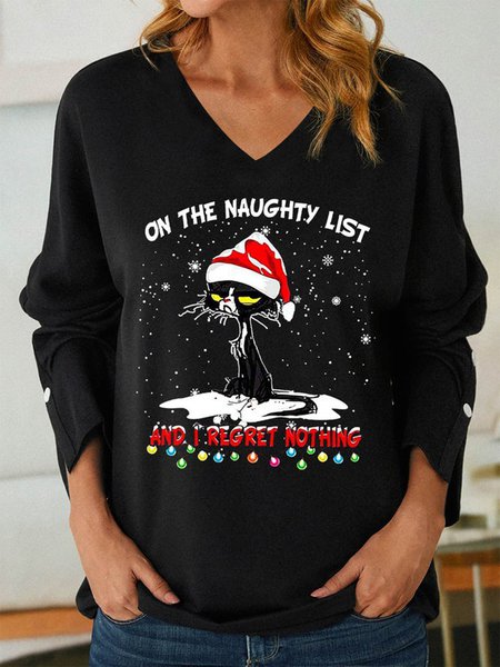 Women's On The Naughty List And I Regret Nothing Printed Snow Cat T-shirt, T-Shirts, color:Black|size:XXL, JustFashionNow