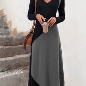 Women Plain V Neck Long Sleeve Comfy Casual Maxi Dress, Dresses, color:Black-grey|size:XXL, Noracora
