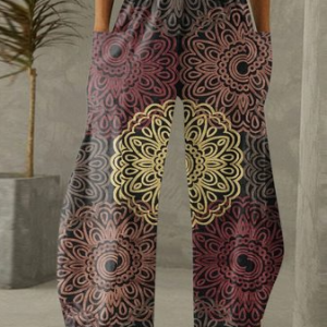Women's Retro Casual Ethnic Pattern Stretch Loose Wide Leg Pants Straight Leg Trousers, Pants, color:As Picture|size:XXL, JustFashionNow