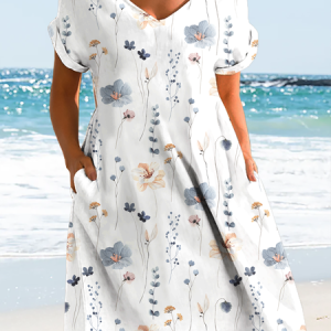 Women's Casual Floral Cotton-Blend Loose Dress, color:Light Blue|size:3XL, Lilicloth.com
