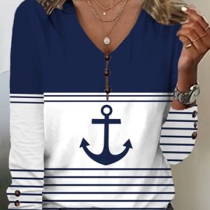 Casual Striped V Neck Long Sleeve T-shirt, T-shirts, color:Blue|size:XXL, Noracora