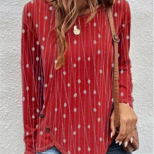 Casual Crew Neck Geometric Long Sleeve Loose T-Shirt, Shirts & Blouses, color:Red|size:XXL, JustFashionNow
