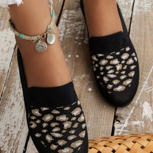 Casual Leopard Pattern Breathable Mesh Fabric Shoes, Flats/Loafers, color:Black|size:43, Noracora