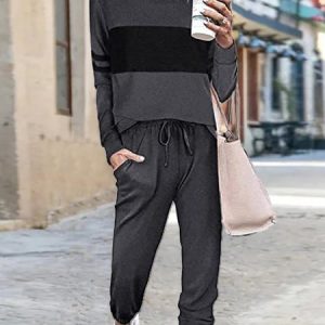 Women Color Block Crew Neck Long Sleeve Comfy Casual Top With Pants Two-Piece Set, Sets, color:Deep Gray|size:XL, Noracora