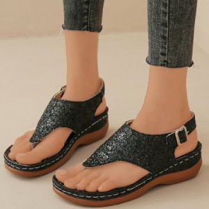 Casual Glitter Wedge Thong Sandals, Sandals, color:Black|size:43, JustFashionNow
