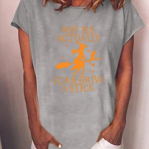 Women's Funny Graphic Yes I Can Drive A Stick Halloween Cotton-Blend T-shirt, color:Gray|size:3XL, Lilicloth.com