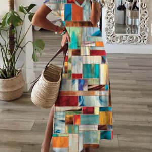 Geometric Loose Casual Dresses, Maxi, color:Multicolor|size:XXL, Noracora