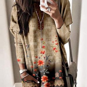 Casual Ombre Crew Neck Regular Fit Dress, Dresses, color:Khaki|size:XXL, JustFashionNow