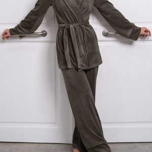 Plain Loose Casual V Neck Lounge Set, Pajamas, color:Brown|size:L, Noracora