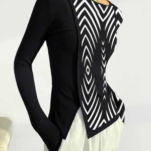 Urban Crew Neck Split Joint Geometric Split Top, Blouses and Shirts, color:Black|size:XXL, Stylewe