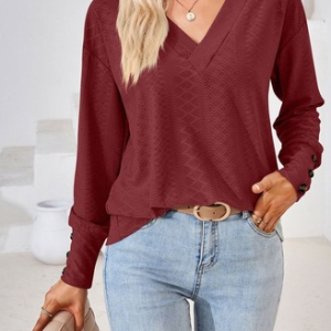 Casual Plain V Neck Long Sleeve T-shirt, T-shirts, color:Wine Red|size:XXL, Noracora
