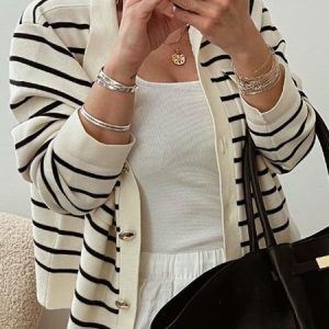Women Wool/Knitting Striped Long Sleeve Comfy Casual Cardigan, Cardigans, color:Stripe|size:XL, Noracora