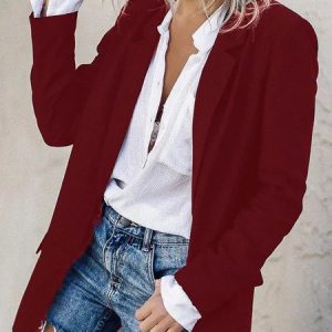 Plain Long Sleeve Casual Blazer, Coats, color:Red|size:XXL, JustFashionNow
