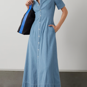 Plain Shirt Collar Loose Short sleeve Urban Denim Maxi Dress, Maxi Dresses, color:Denim Blue|size:XXL, Stylewe