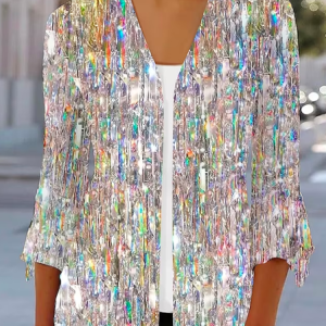 Cross Neck Three Quarter Sleeve Geometric Regular Loose Kimono For Women, Kimono, color:Silver|size:XXL, Noracora