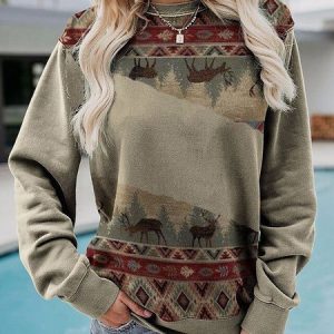 Casual Crew Neck Ribbed Sweatshirt, Sweatshirts & Hoodies, color:Khaki|size:XXL, JustFashionNow