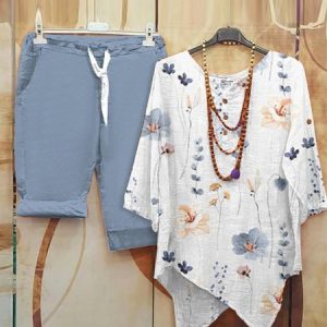 Breezy Plant Print Two Piece Set, Suit Set, color:Blue|size:XXL, JustFashionNow