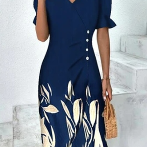 Loose Vacation Leaf V Neck Dress, Midi, color:Blue|size:XXL, Noracora