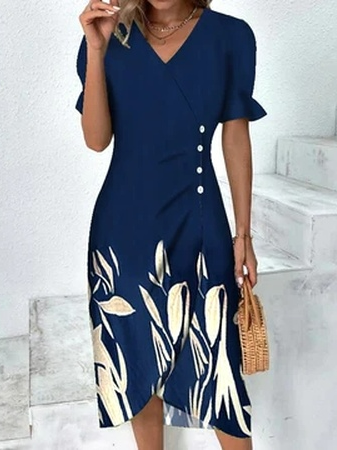 Floral Flounce Sleeve Wrap Hem Dress, Dresses, color:Blue|size:XXL, JustFashionNow