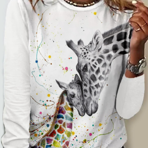 Women's Regular Fit Deer Crew Neck Simple Shirt, color:White|size:3XL, Lilicloth.com