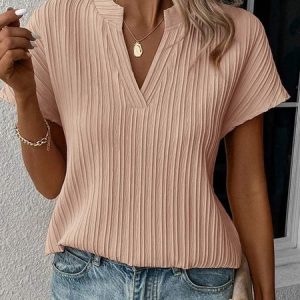 Plus Size V Neck Casual Loose T-Shirt, TOPS, color:Pink|size:4X, Noracora