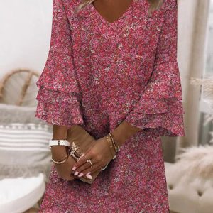Women's Vacation Dress V Neck Loose Romantic Boho Short Sleeve Woven Tunic Dress, Short, color:Pink|size:XXL, catalog Noracora shop