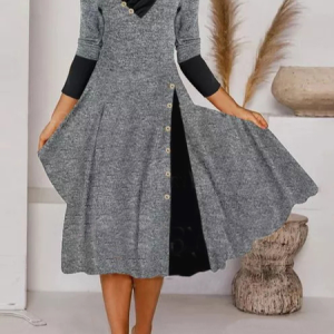 Color Block Tunic V-Neckline Midi A-line Dress, Basic Dresses, color:Gray|size:XXL, JustFashionNow