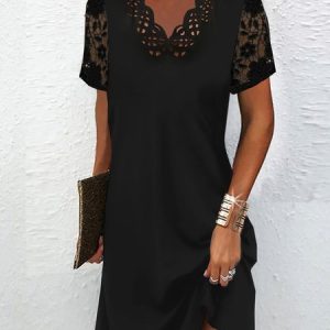 Women Casual Plain Lace V Neck Natural Daily Loose Regular Midi Dress, Midi, color:Black|size:XXL, Noracora