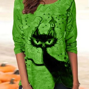 Halloween Cute Cat Pullover Long Sleeve Knit Top, T-shirts, color:Green|size:XXL, Noracora