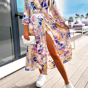Women Random Print V Neck Long Sleeve Comfy Casual Maxi Dress, Maxi, color:Apricot|size:XXL, Noracora