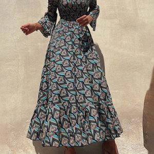 Boho Geometric High Waist Boat Neck Maxi Dress, Maxi, color:Blue|size:3XL, Noracora