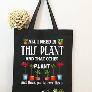 All I Need Is This Plant And Other Plant Graphic Shopping Tote Bag, color:Black|size:One-size, Lilicloth.com