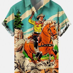 Men's Retro Cowboy Pocket Equestrian Casual Loose Comfortable Shirt, Shirts ＆ Blouse, color:Blue|size:4XL, JustFashionNow