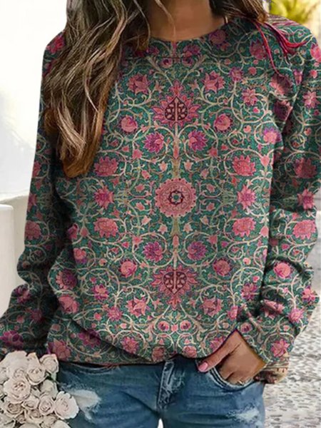 Casual Long Sleeve Crew Neck Ethnic Loose Sweatshirt, Sweatshirts & Hoodies, color:Red|size:XXL, JustFashionNow