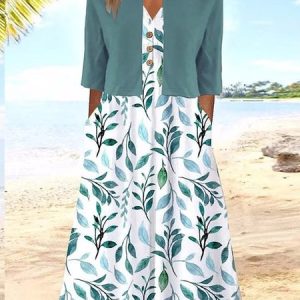 Loose Casual V Neck Floral Two-Piece Set, Casual Dresses, color:Green|size:XXL, JustFashionNow