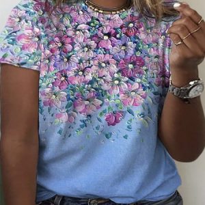 Plus Size Floral Crew Neck Casual Short sleeve T-Shirt, T-Shirts, color:Blue|size:4X, JustFashionNow