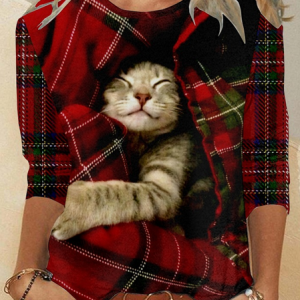 Women's Christmas Cat Print Casual Top, color:As Picture|size:4XL, Lilicloth.com