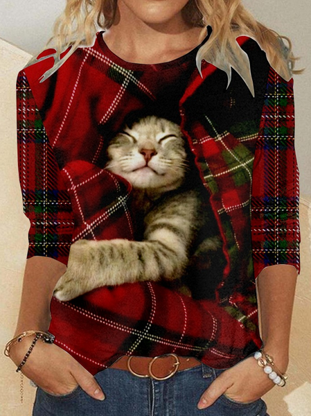 Women's Christmas Cat Print Casual Top, color:As Picture|size:4XL, Lilicloth.com