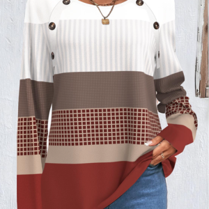 Casual Color Block Crew Neck Long Sleeve T-shirt, T-shirts, color:Brown|size:XXL, Noracora
