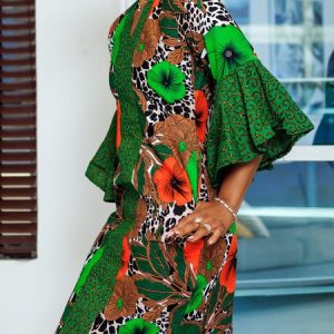 Floral Ruffled Sleeves V Neck Vacation Dress, Mini Dresses, color:Green|size:XXL, Stylewe