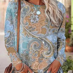 Casual Paisley Crew Neck Long Sleeve T-shirt, T-shirts, color:Khaki|size:XXL, Noracora