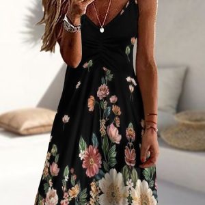 Women's Art Print Floral V Neck Regular Fit Dress, color:Black|size:3XL, Lilicloth.com