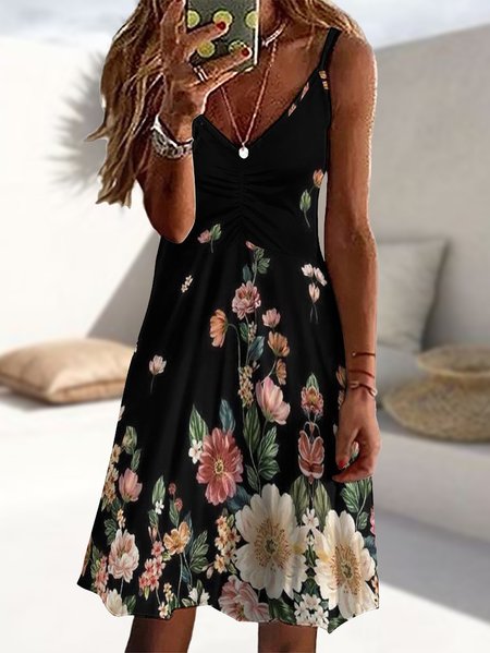 Women's Art Print Floral V Neck Regular Fit Dress, color:Black|size:3XL, Lilicloth.com