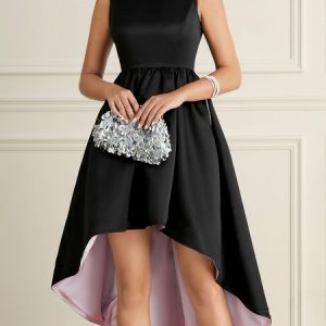 Elegant Crew Neck Satin Regular Fit  Party Dress, Cocktail Dresses, color:Black|size:XXL, Stylewe